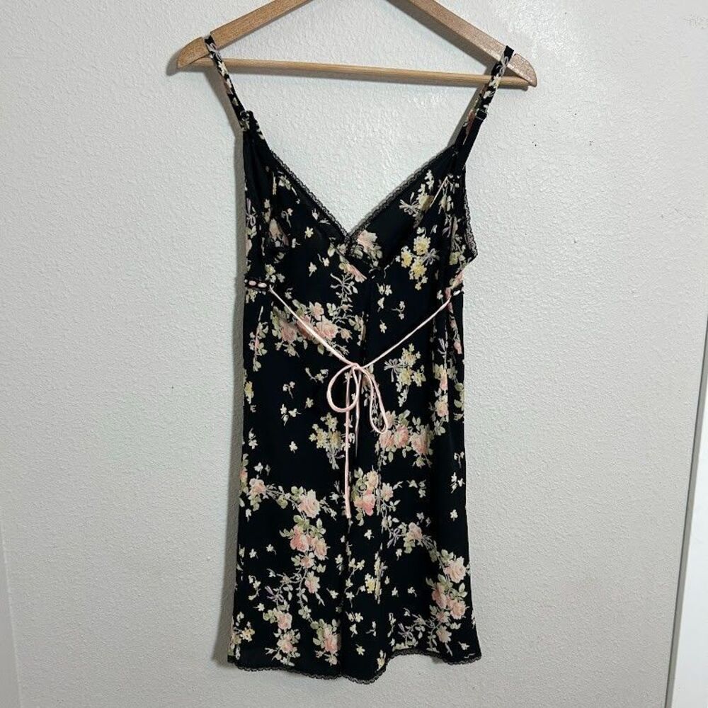 VTG Oscar de la Renta Satin Slip Dress S Black Floral Coquette Pink Label Fairy - Picture 3 of 9